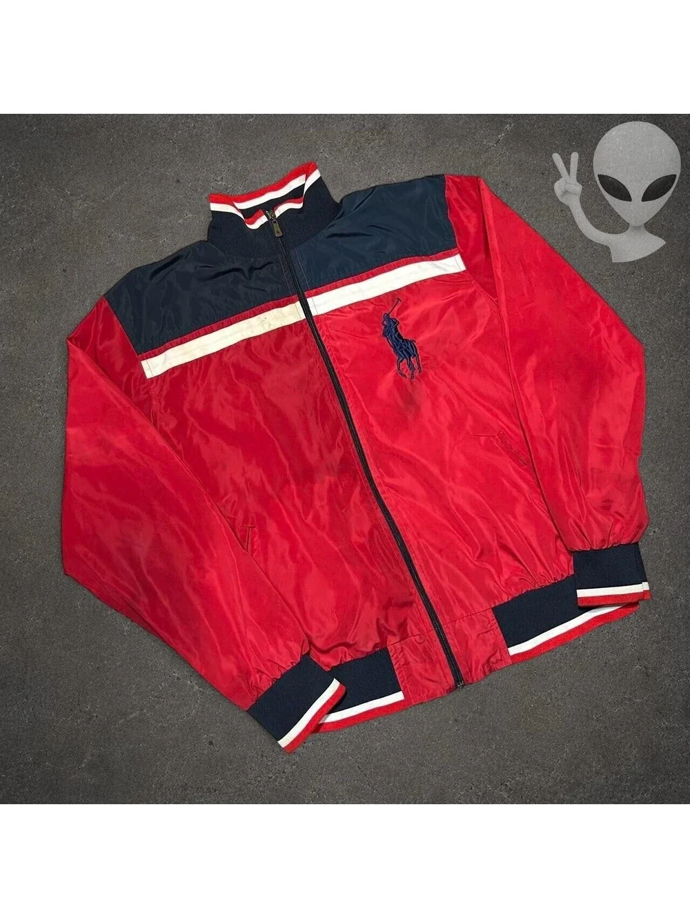 Polo Ralph Lauren Big Pony Full Zip Windbreaker Jacket Mens US XL Red Navy